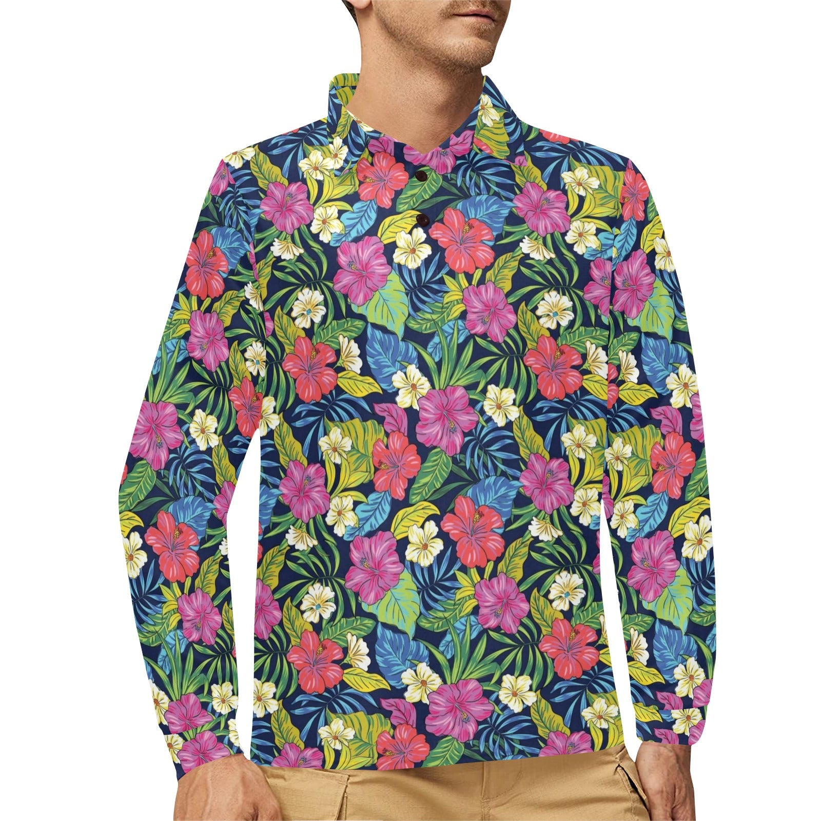 Hibiscus Print Design LKS3010 Long Sleeve Polo Shirt For Men's