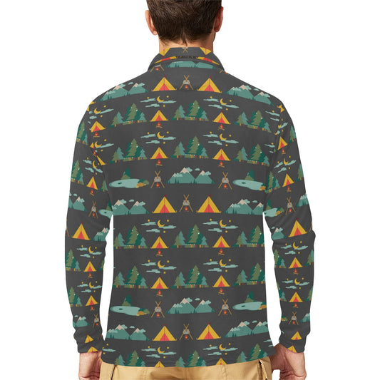 Camping Tent Pattern Print Design 03 Long Sleeve Polo Shirt For Men's