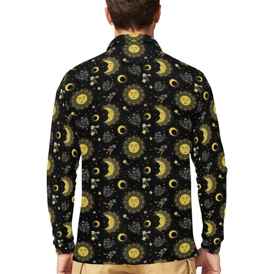 Sun Moon Print Design LKS301 Long Sleeve Polo Shirt For Men's
