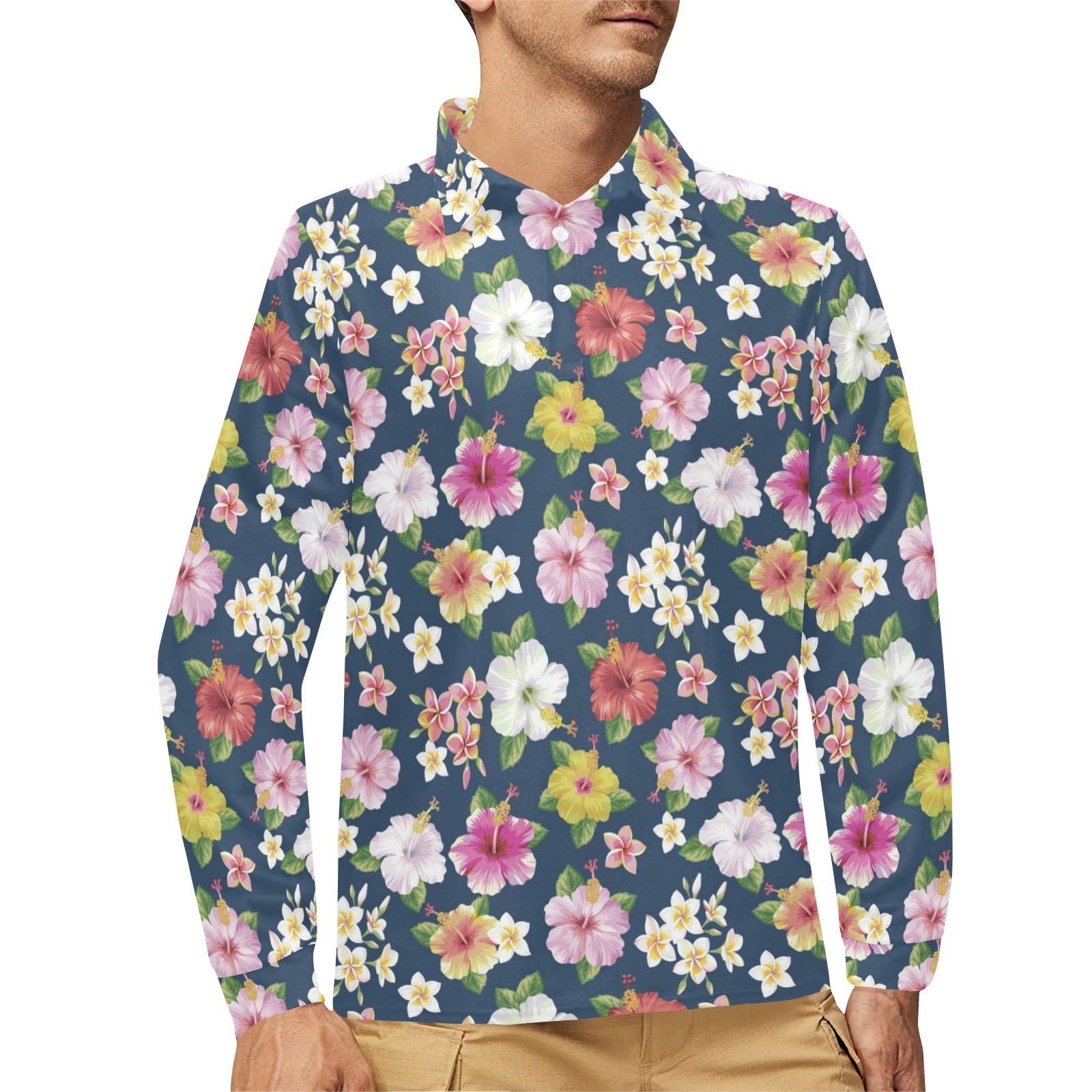 Hibiscus Sweet Print Design LKS304 Long Sleeve Polo Shirt For Men's