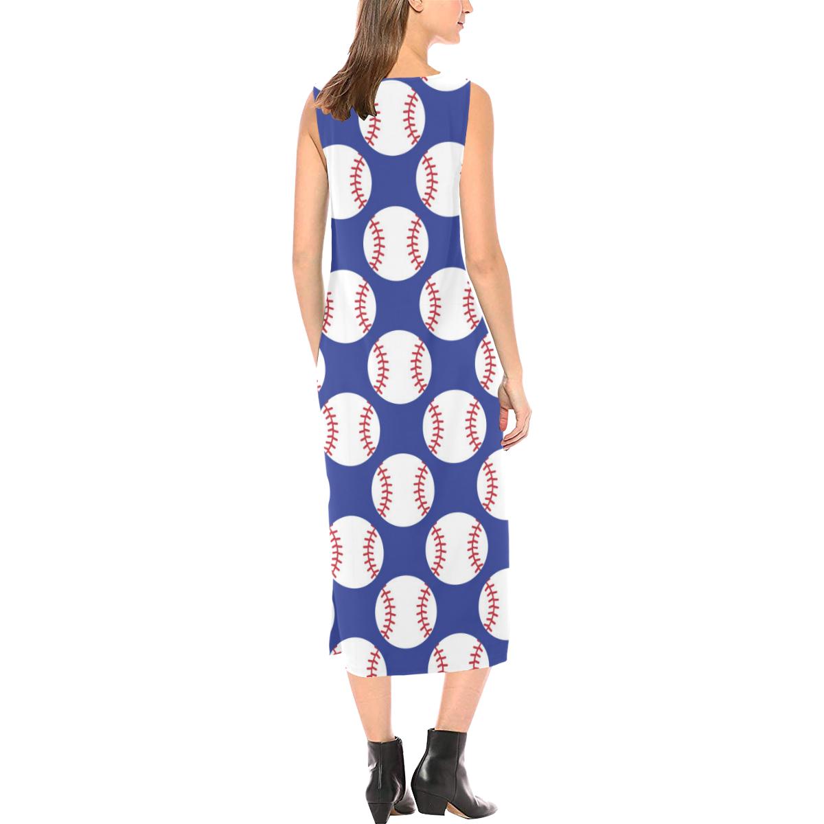 Baseball Blue Background Sleeveless Open Fork Long Dress (Model D08)-JTAMIGO.COM