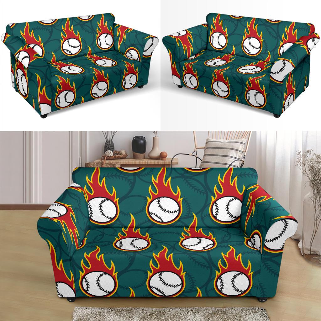 Baseball Fire Print Pattern Loveseat Slipcover-JTAMIGO.COM