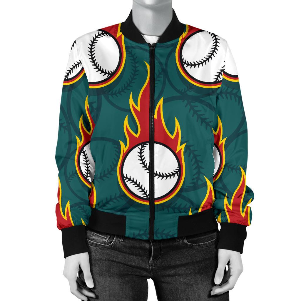 Baseball Fire Print Pattern Women Casual Bomber Jacket