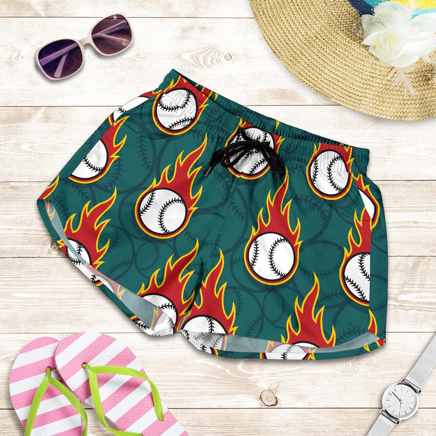 Baseball Fire Print Pattern Women Shorts-JTAMIGO.COM