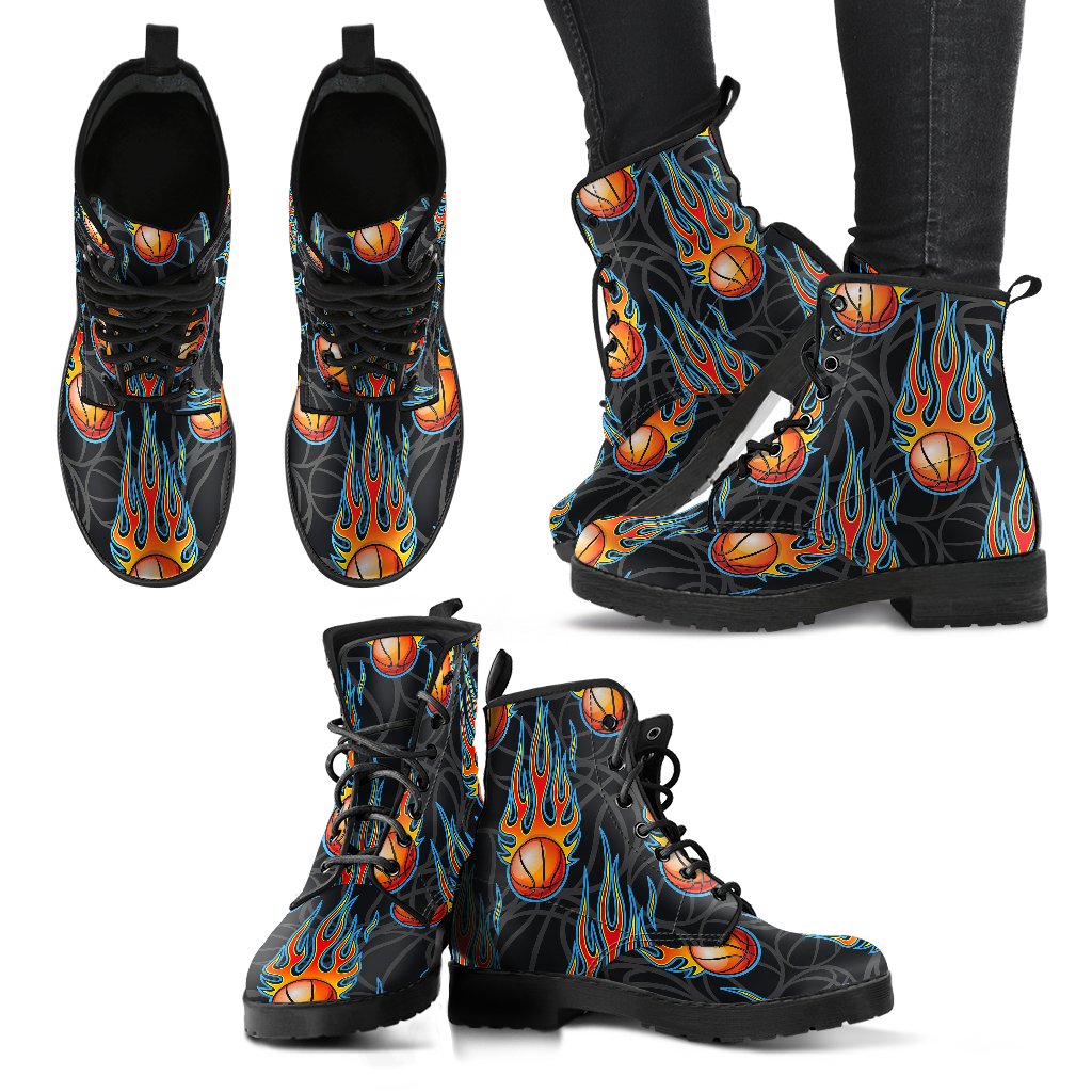 Basketball Fire Print Pattern Women Leather Boots-JTAMIGO.COM