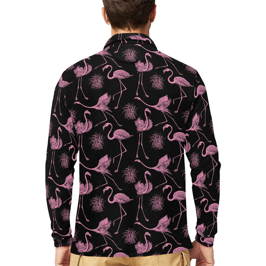 Flamingo Pink Print Pattern Long Sleeve Polo Shirt For Men's