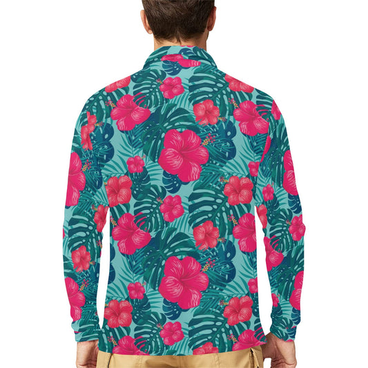 Red Hibiscus Pattern Print Design HB017 Long Sleeve Polo Shirt For Men's