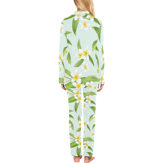 Yellow Plumeria Pattern Print Design PM024 Women's Long Pajama Set
