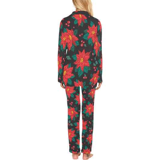 Poinsettia Pattern Print Design POT07 Women's Long Pajama Set