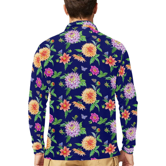 Dahlia Pattern Print Design DH010 Long Sleeve Polo Shirt For Men's