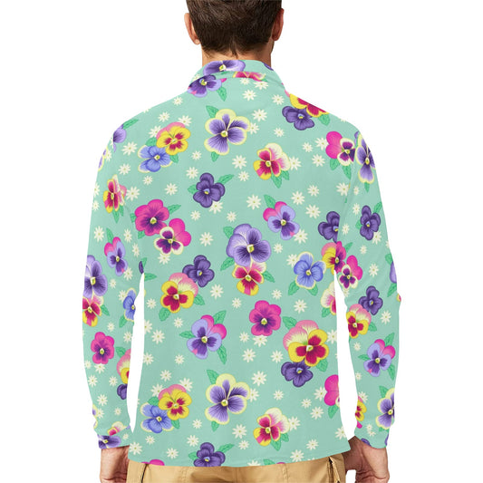 Pansy Pattern Print Design PS08 Long Sleeve Polo Shirt For Men's