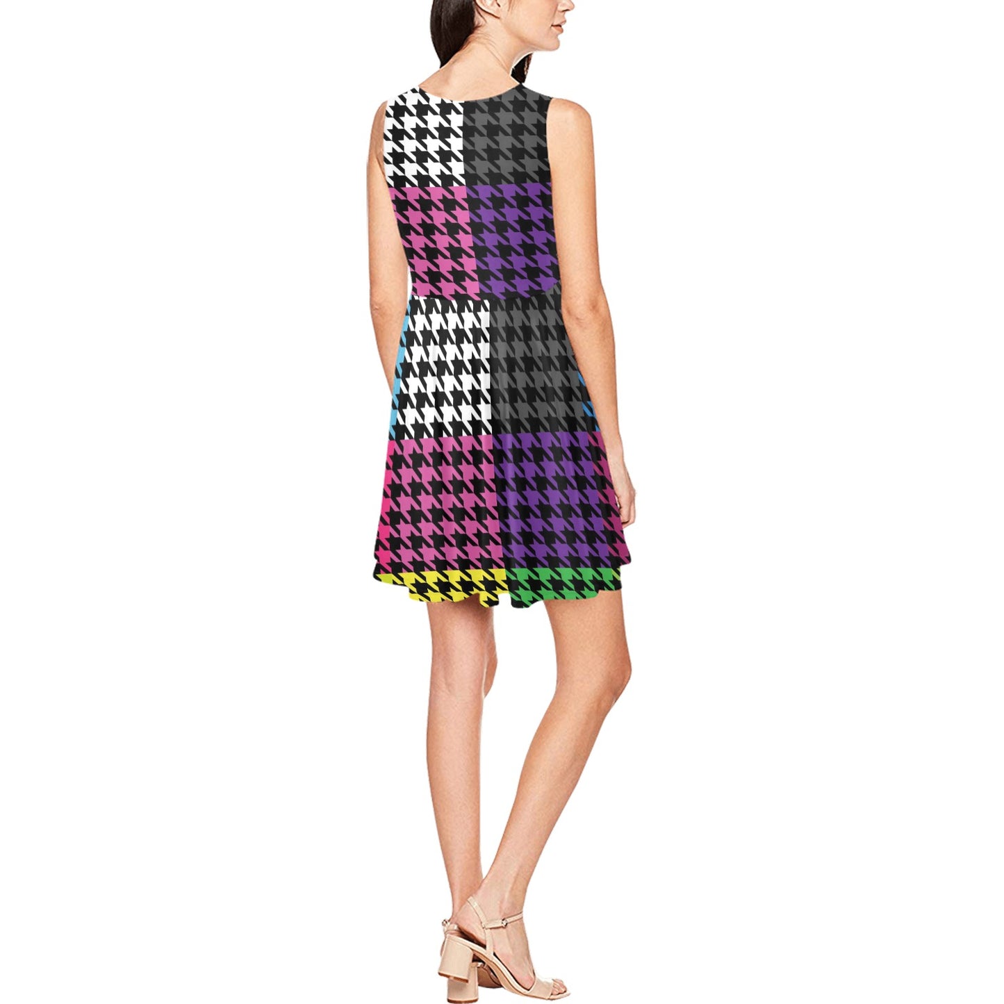 Houndstooth Colorful Pattern Print Design 01 Sleeveless Dress