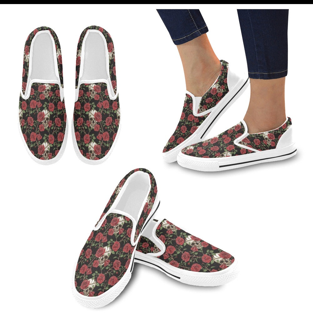 Skull And Roses Print Design LKS303 White Slip Ons Canvas Women's Shoes