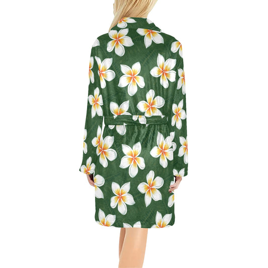 White Plumeria Pattern Print Design PM020 Women's Fleece Robe
