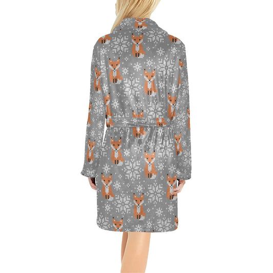 Knit Red Fox Pattern Print Design 02 Women's Fleece Robe