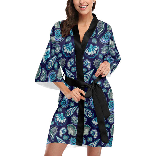 Beach Seashell Blue Print Women Short Kimono Robe