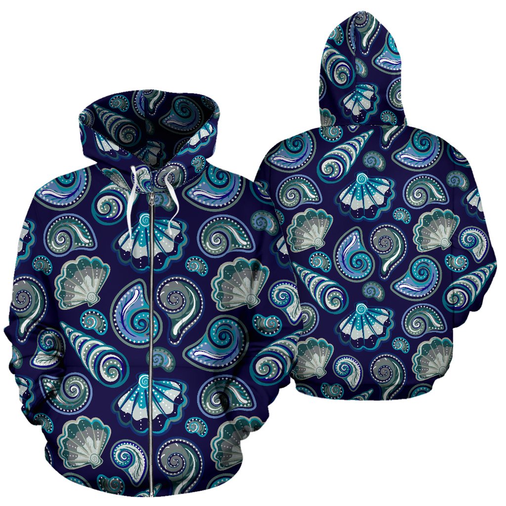 Beach Seashell Blue Print Zip Up Hoodie