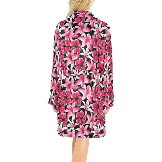 Flower Hawaiian Pink Red Hibiscus Print Women's Fleece Robe