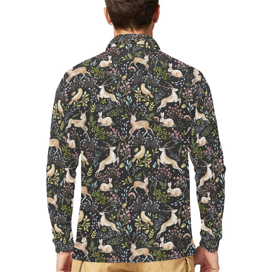 Deer Floral Jungle Long Sleeve Polo Shirt For Men's