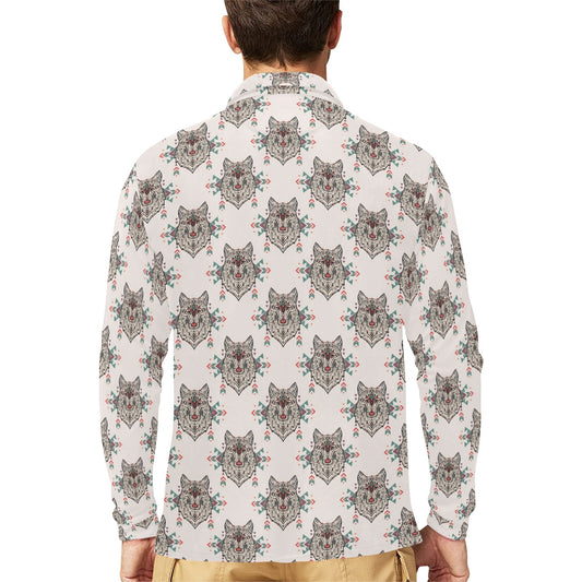 Aztec Wolf Pattern Print Design 01 Long Sleeve Polo Shirt For Men's