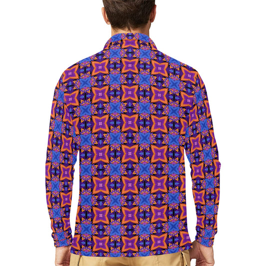 kaleidoscope Purple Orange Print Design Long Sleeve Polo Shirt For Men's