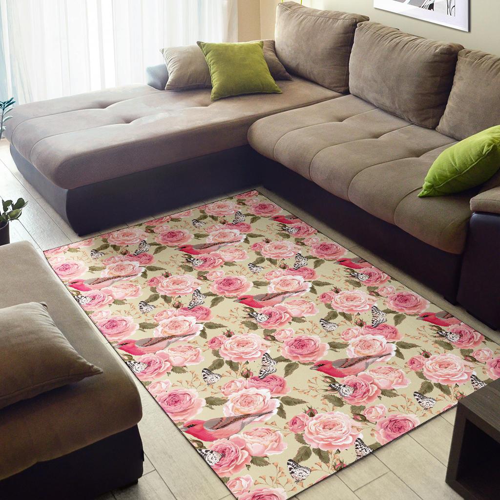 Bird Butterfly Pink Flower Print Pattern Area Rugs-JTAMIGO.COM
