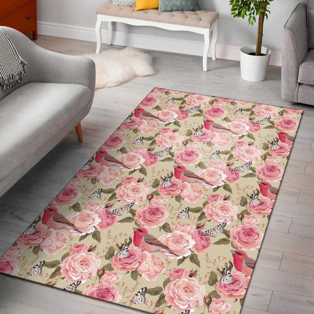 Bird Butterfly Pink Flower Print Pattern Area Rugs-JTAMIGO.COM