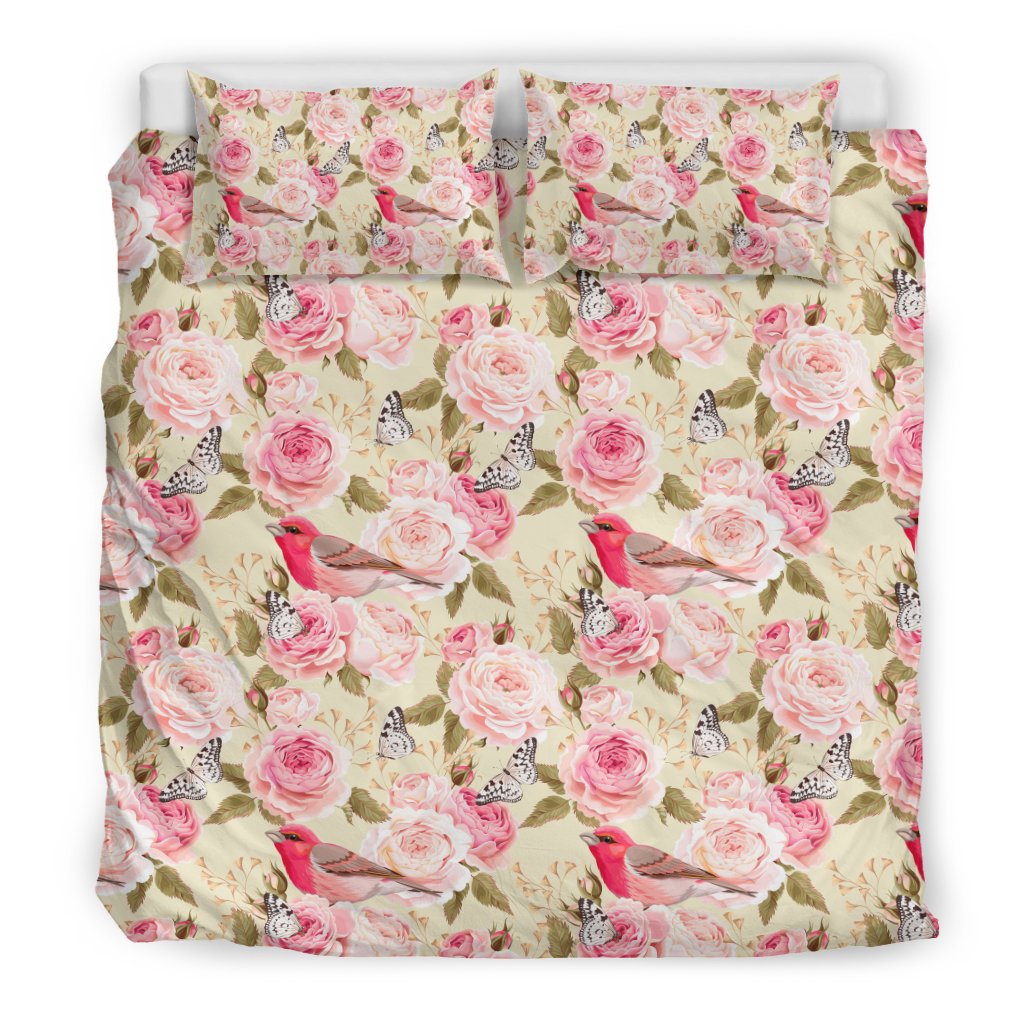 Bird Butterfly Pink Flower Print Pattern Duvet Cover Bedding Set