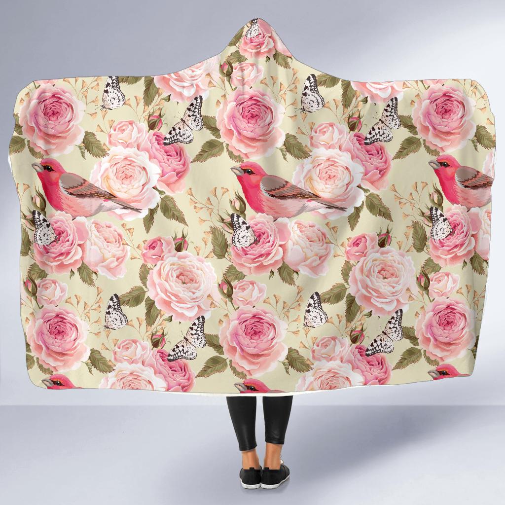 Bird Butterfly Pink Flower Print Pattern Hooded Blanket-JTAMIGO.COM