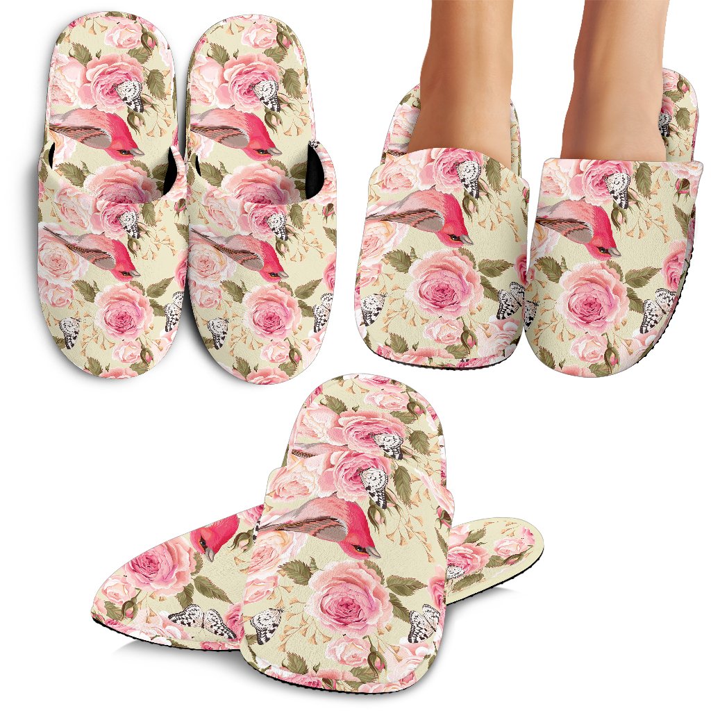 Bird Butterfly Pink Flower Print Pattern House Slippers