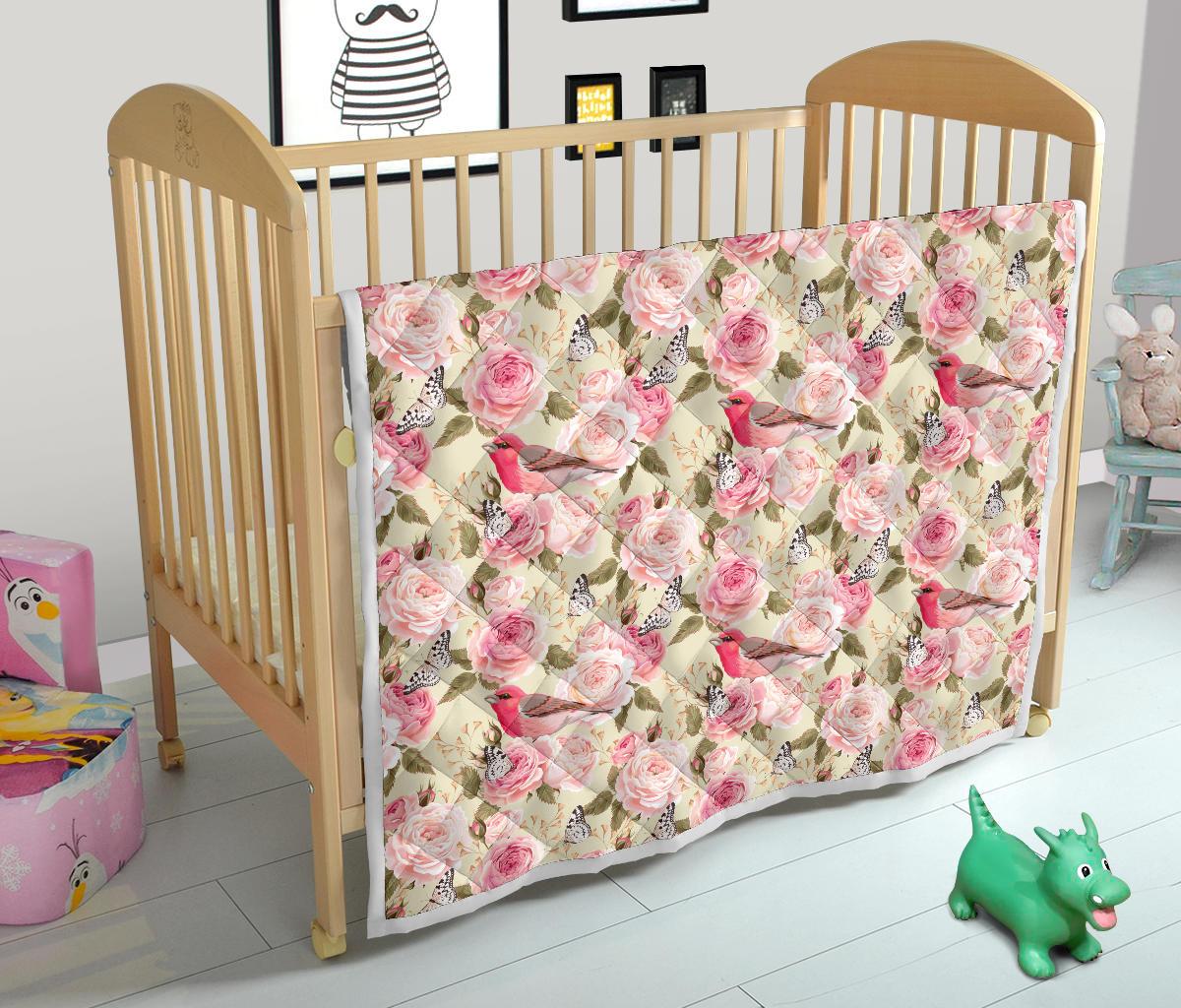 Bird Butterfly Pink Flower Print Pattern Premium Quilt-JTAMIGO.COM