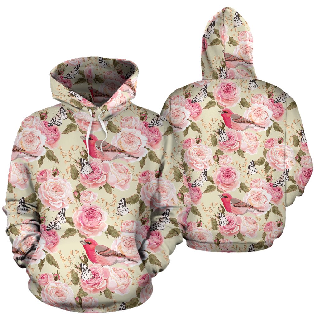 Bird Butterfly Pink Flower Print Pattern Pullover Hoodie