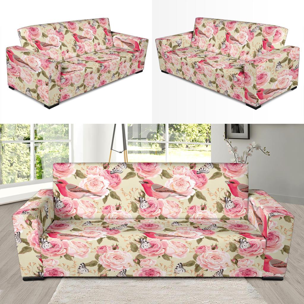 Bird Butterfly Pink Flower Print Pattern Sofa Slipcover-JTAMIGO.COM