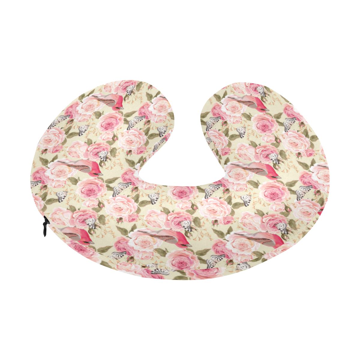 Bird Butterfly Pink Flower Print Pattern U-Shaped Travel Neck Pillow-JTAMIGO.COM