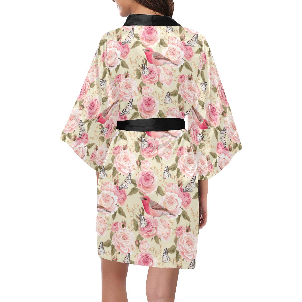 Bird Butterfly Pink Flower Print Pattern Women Short Kimono Robe