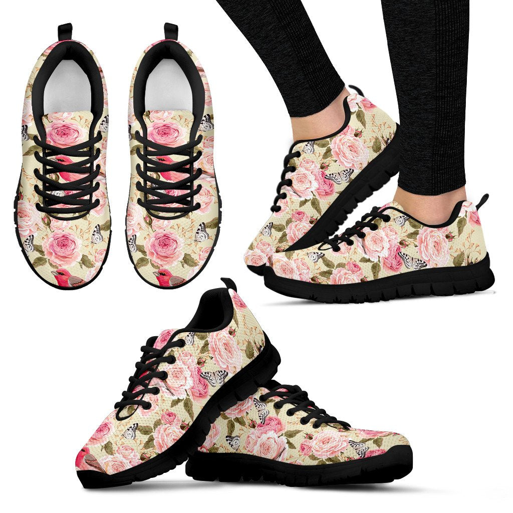 Bird Butterfly Pink Flower Print Pattern Women Sneakers Shoes