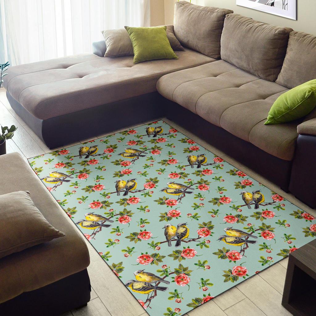 Bird with Red Flower Print Pattern Area Rugs-JTAMIGO.COM