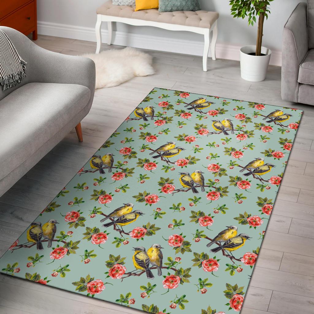 Bird with Red Flower Print Pattern Area Rugs-JTAMIGO.COM