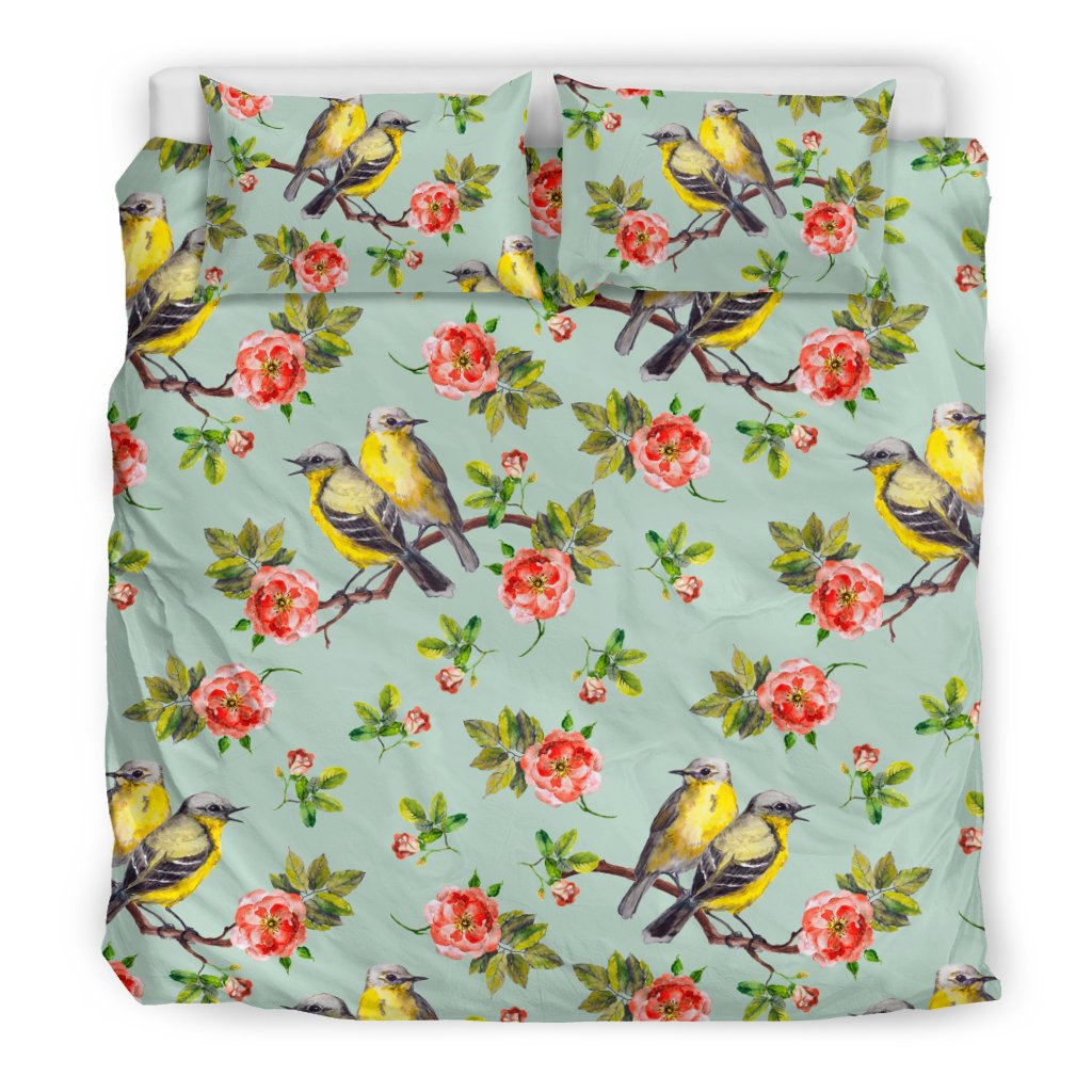 Bird With Red Flower Print Pattern Duvet Cover Bedding Set
