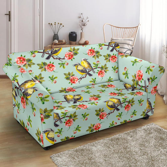 Bird with Red Flower Print Pattern Loveseat Slipcover-JTAMIGO.COM