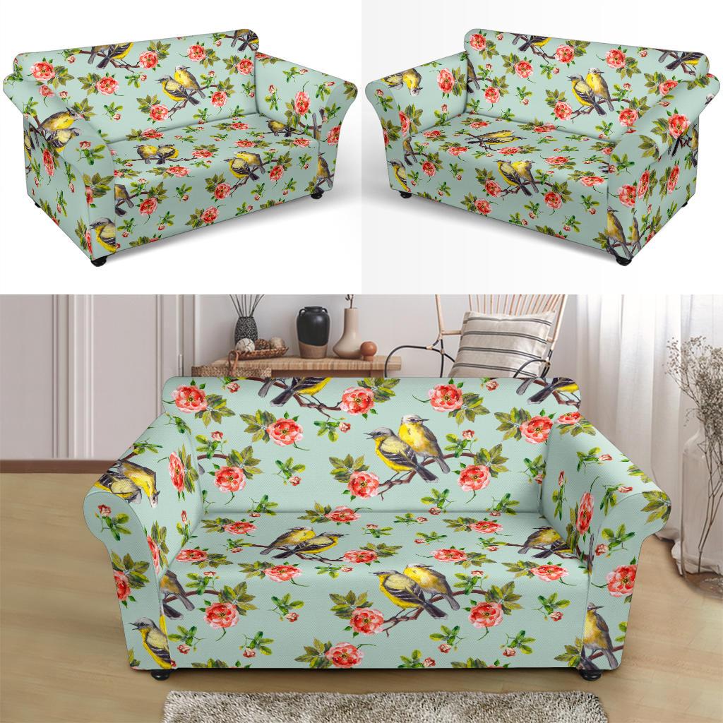 Bird with Red Flower Print Pattern Loveseat Slipcover-JTAMIGO.COM
