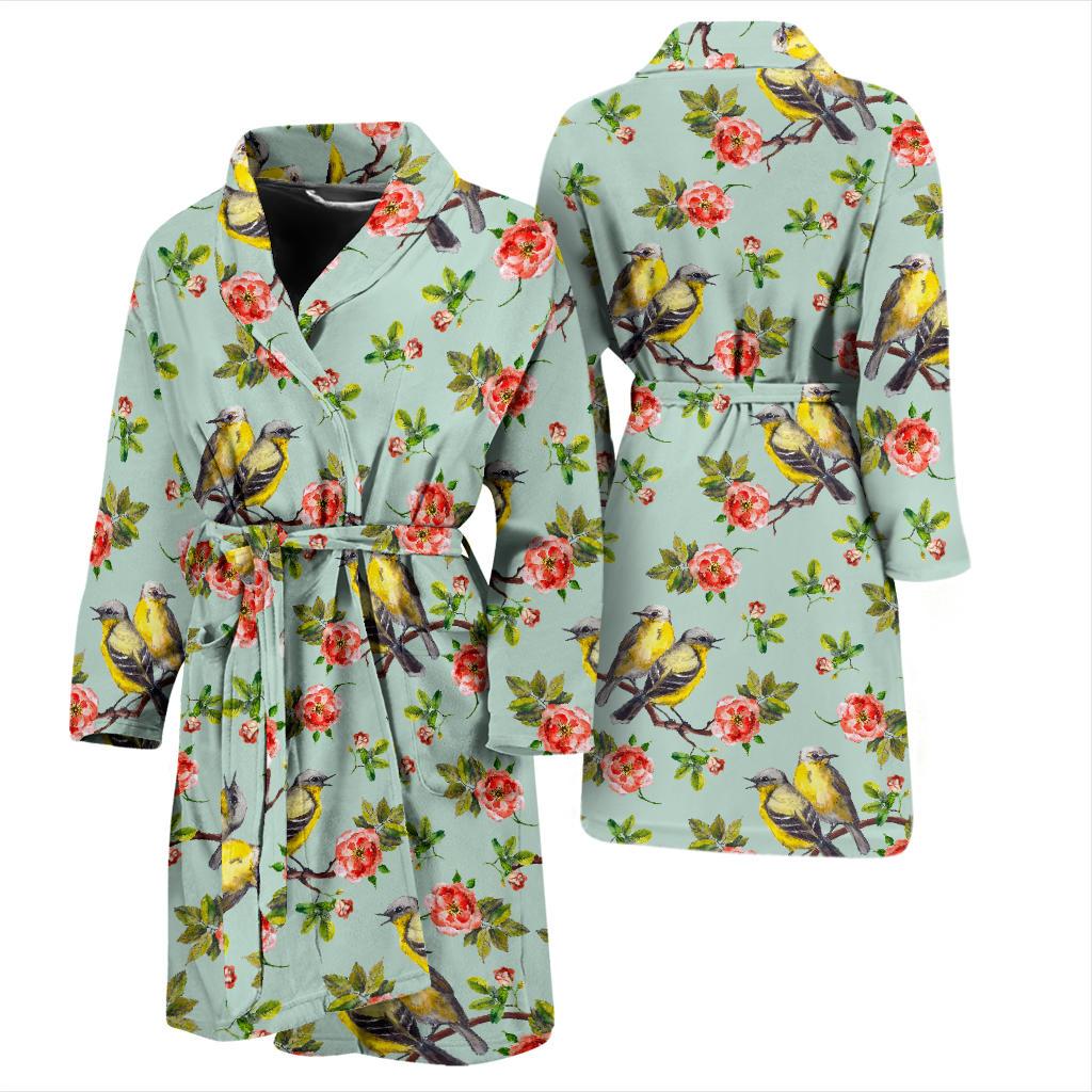 Bird with Red Flower Print Pattern Men Bath Robe-JTAMIGO.COM