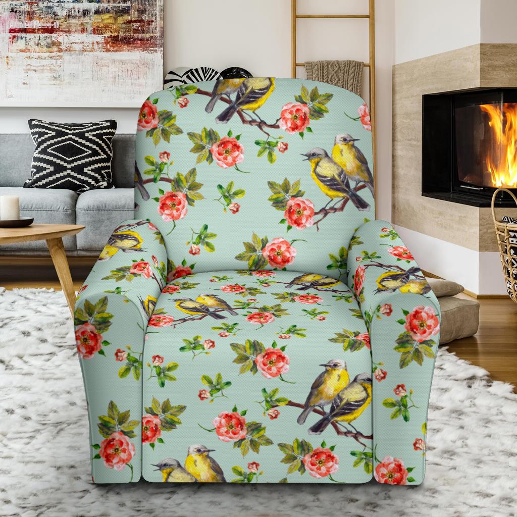 Bird with Red Flower Print Pattern Single Sofa Slipcover -JTAMIGO.COM