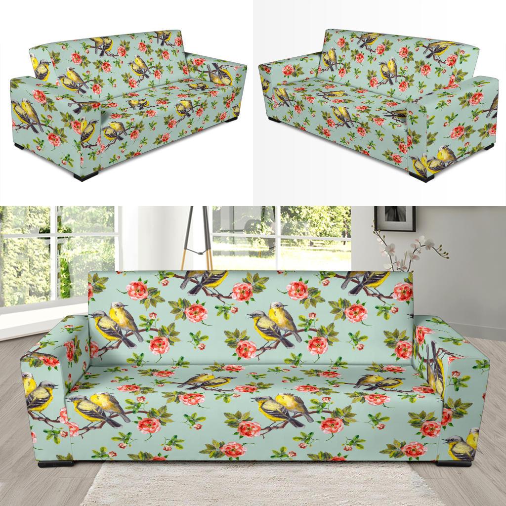 Bird with Red Flower Print Pattern Sofa Slipcover-JTAMIGO.COM