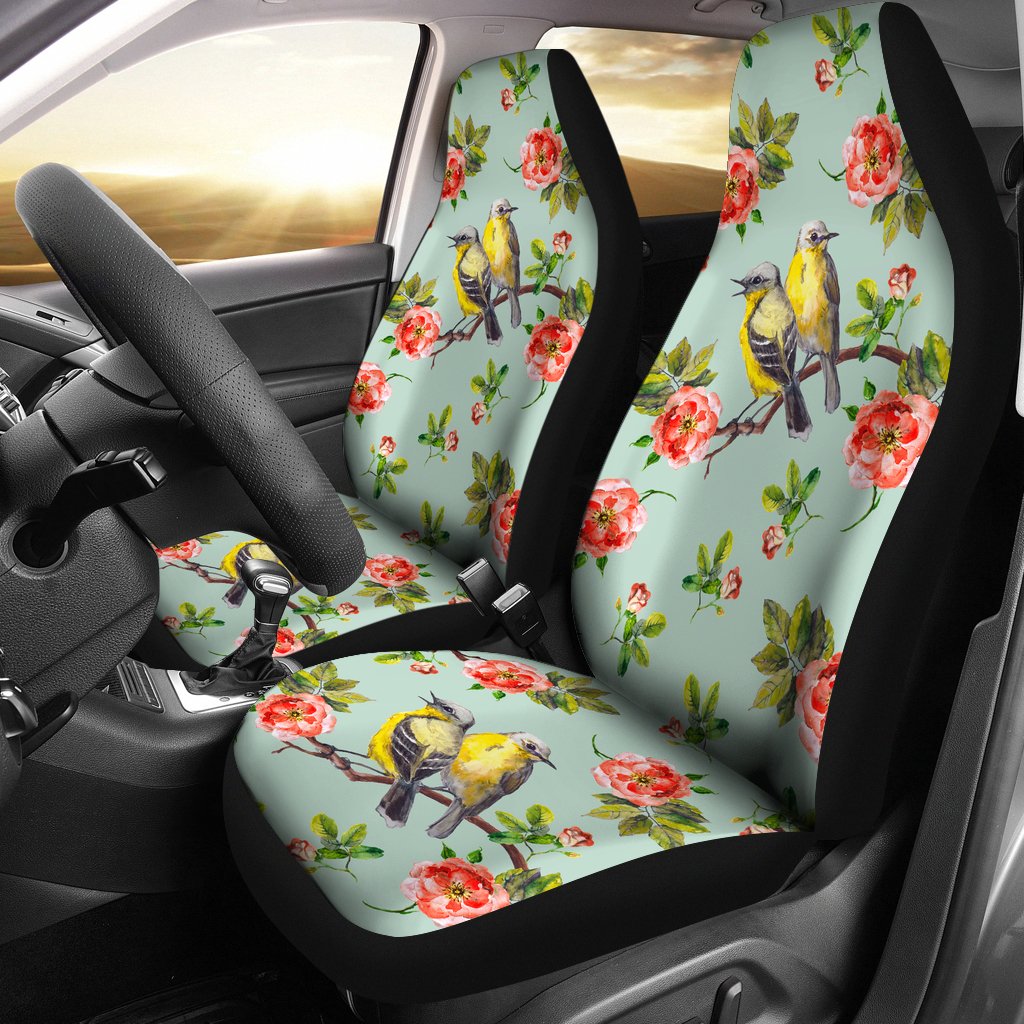 Bird with Red Flower Print Pattern Universal Fit Car Seat Covers