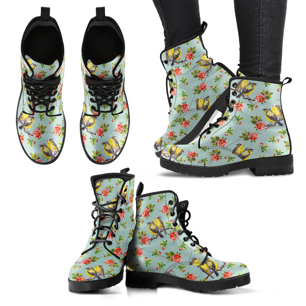 Bird with Red Flower Print Pattern Women Leather Boots-JTAMIGO.COM