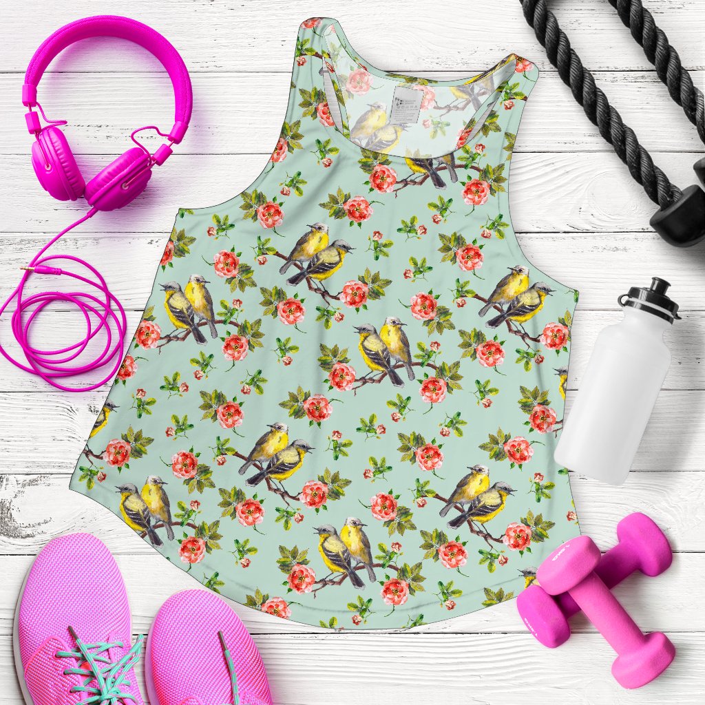 Bird With Red Flower Print Pattern Women Racerback Tank Top