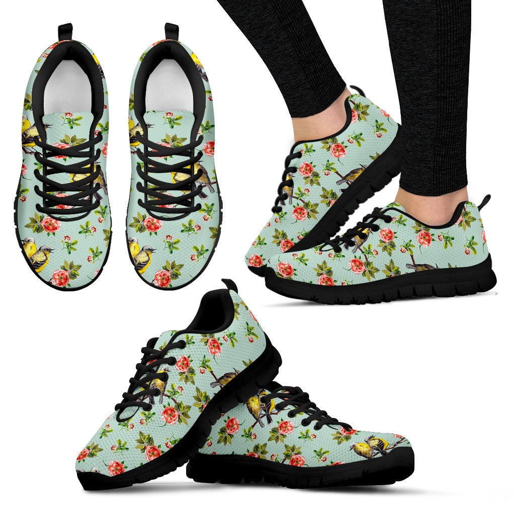 Bird With Red Flower Print Pattern Women Sneakers Shoes