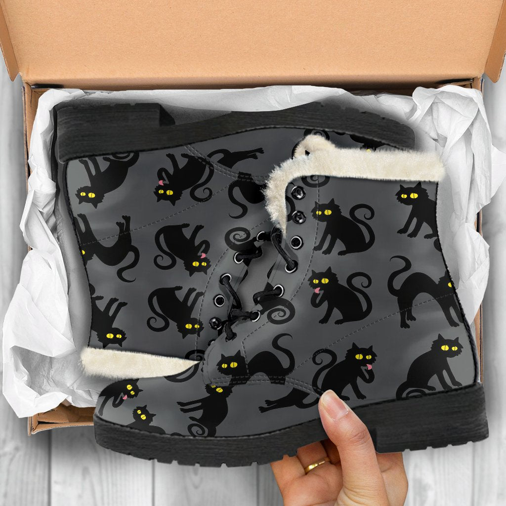 Black Cat Cute Print Pattern Faux Fur Leather Boots-JTAMIGO.COM