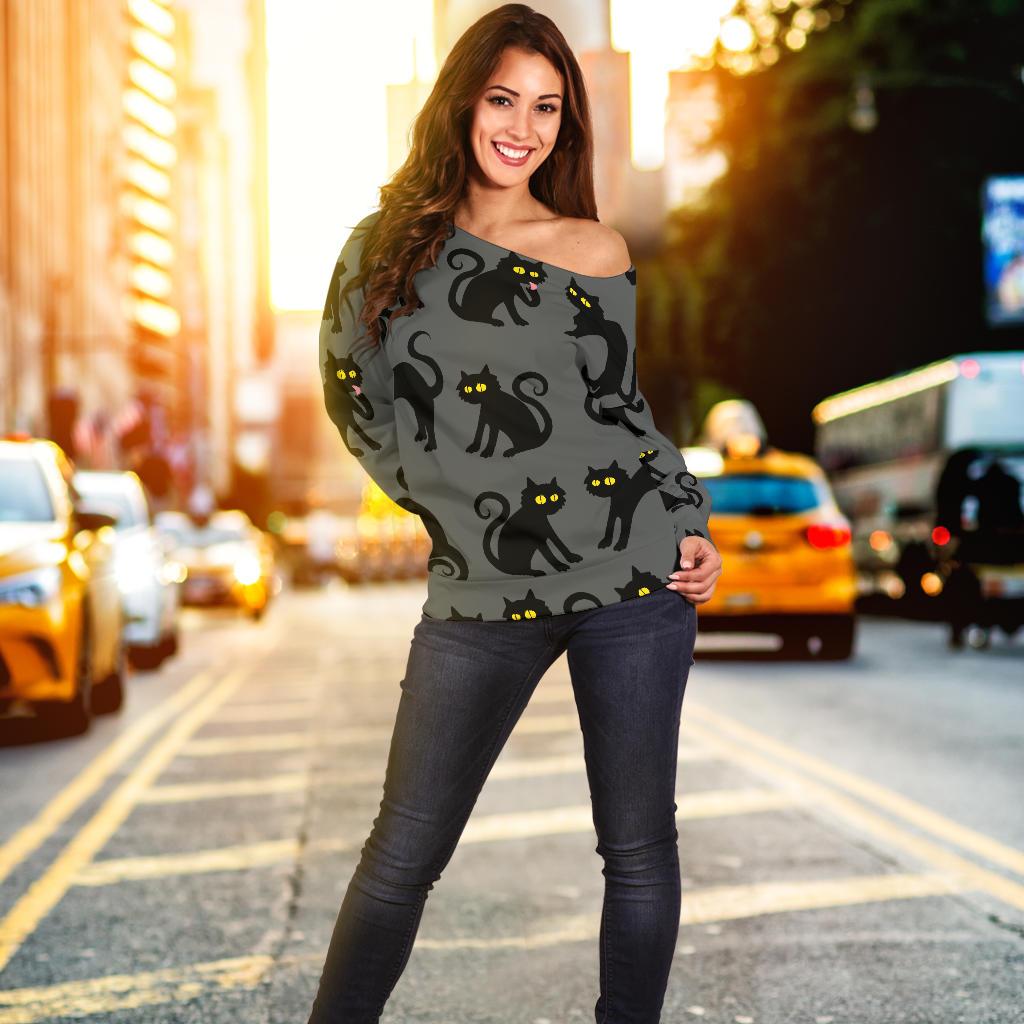 Black Cat Cute Print Pattern Off Shoulder Sweatshirt